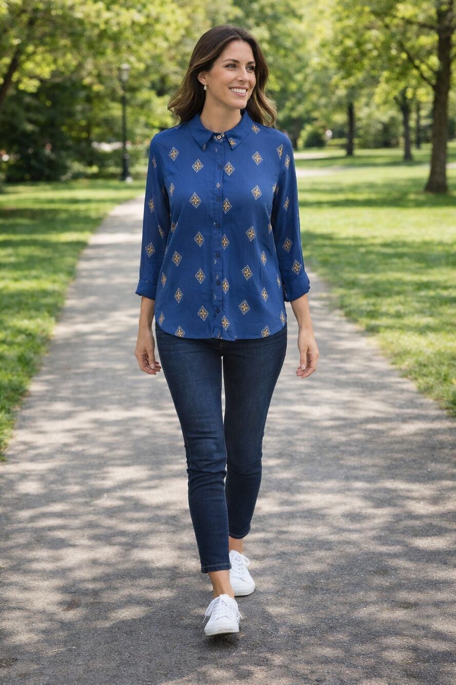 Knapp Studio Medallion Blouse Blue High Low Button Up PL